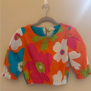 Maude Vivante Colorful Floral Puff Sleeve Cropped Top Size XS